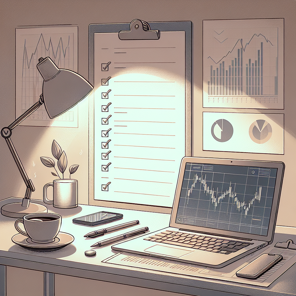 An illustration featuring a serene workspace with soft, muted colors, depicting a checklist for safe forex trading practices alongside a calm financial environment, including graphs, charts, and a calculator.