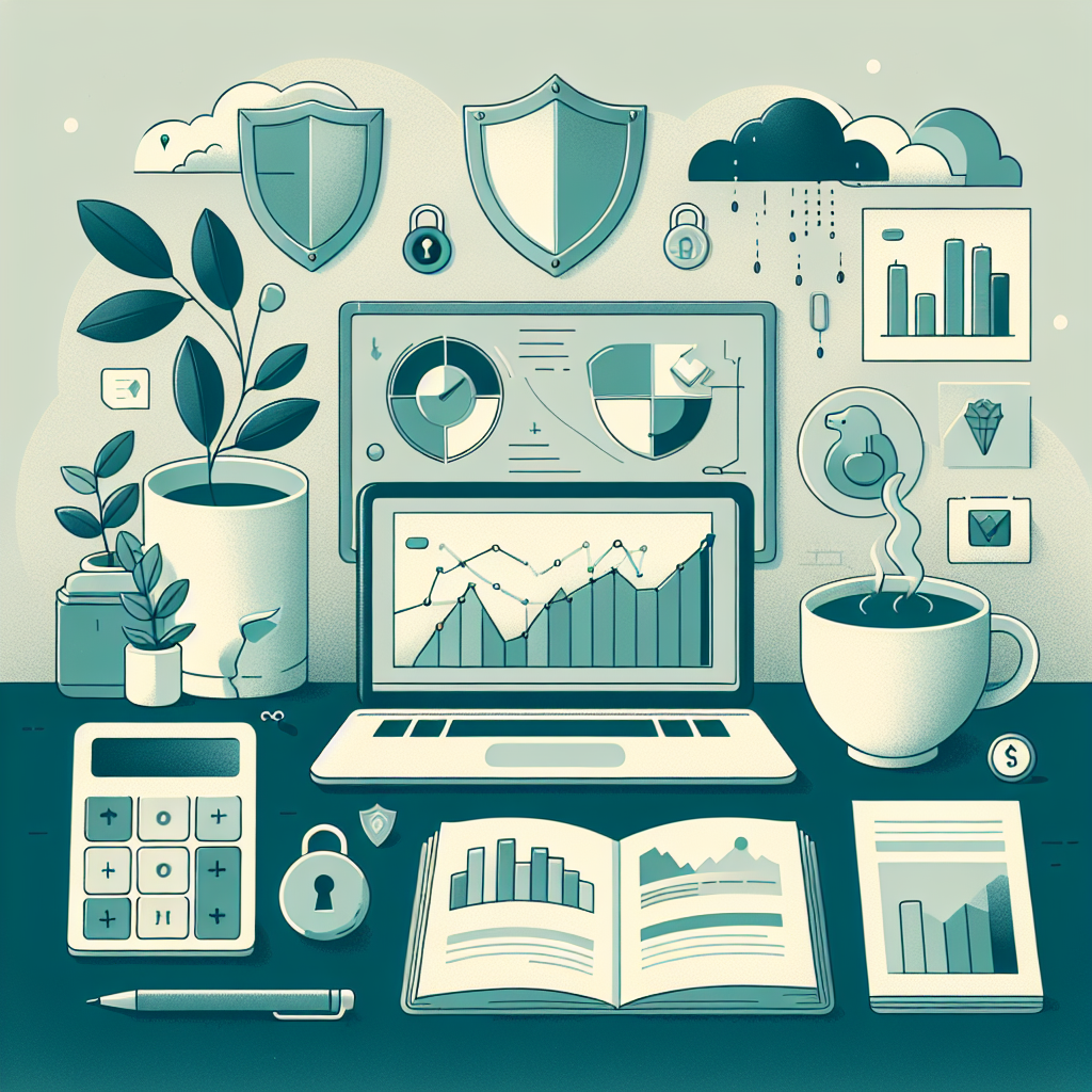 A serene illustration depicting safe forex trading practices, featuring a tranquil workspace with charts, a safe calculator, and protective symbols in soft, muted colors.