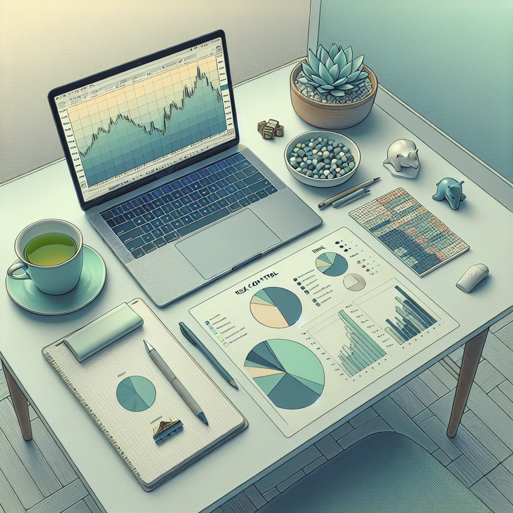 An illustration of a serene office space featuring a laptop with Forex trading charts, a notepad with risk management tips, and soft, muted pastel colors creating a calm atmosphere.