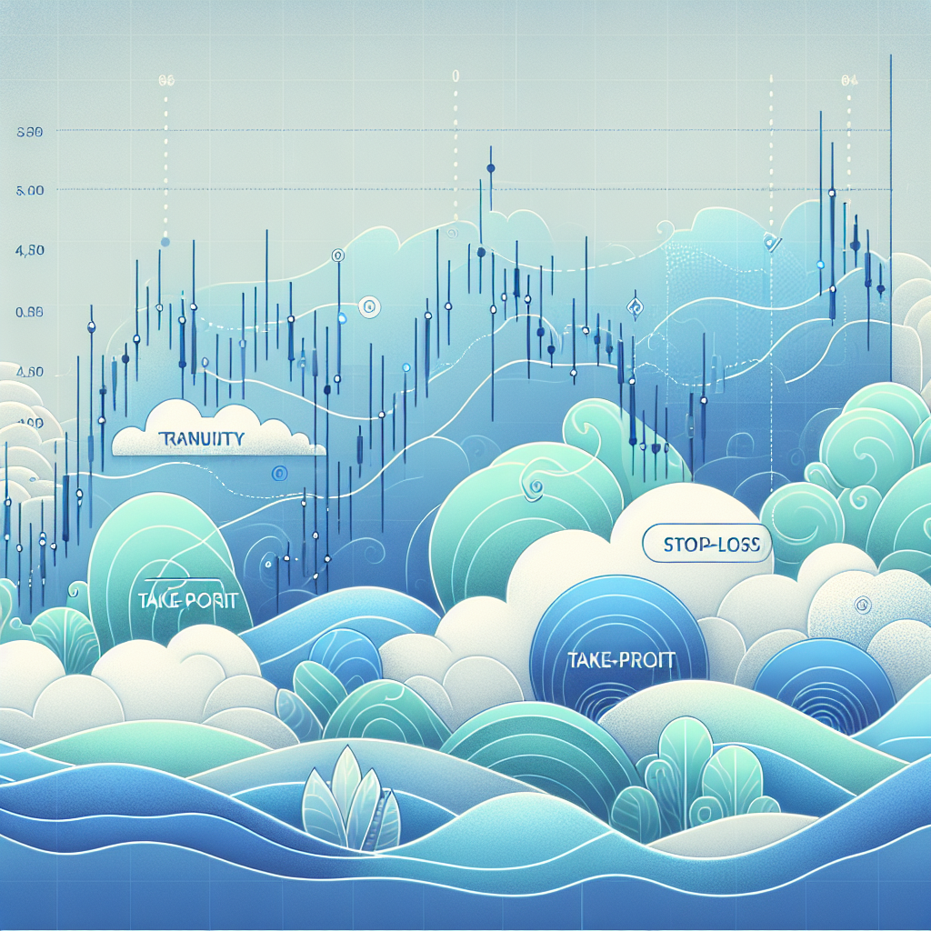 A serene, visually appealing graphic depicting a calm trading environment with symbols of stop-loss and take-profit strategies integrated into a forex market chart, surrounded by soft colors of blue and green to evoke a sense of security and peace.
