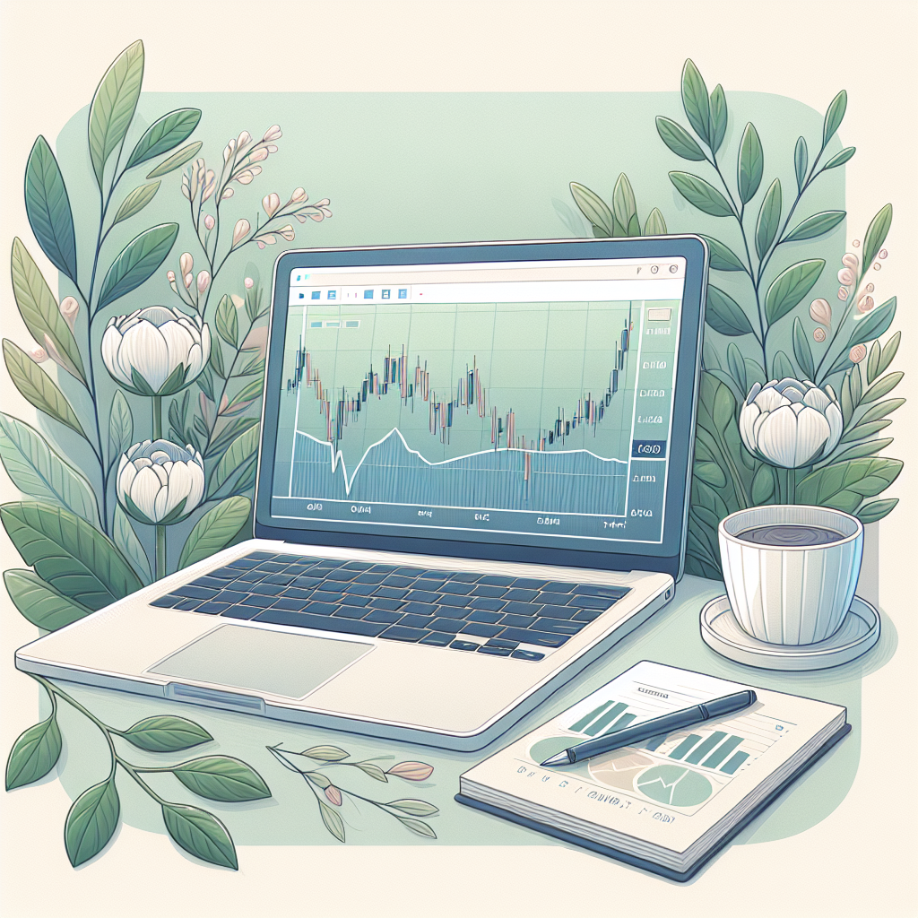 A serene workspace featuring a laptop with forex trading charts, a notepad with risk mitigation strategies, and soft green plants in the background, all in muted colors.
