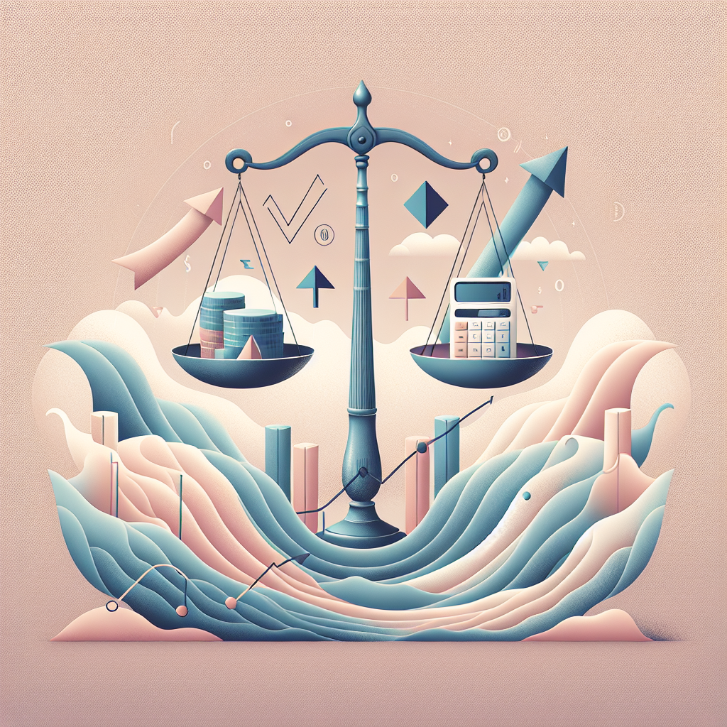 An illustration depicting the concepts of leverage management in trading, featuring calming visuals such as a balanced scale, soft muted colors, and elements representing risks and benefits.