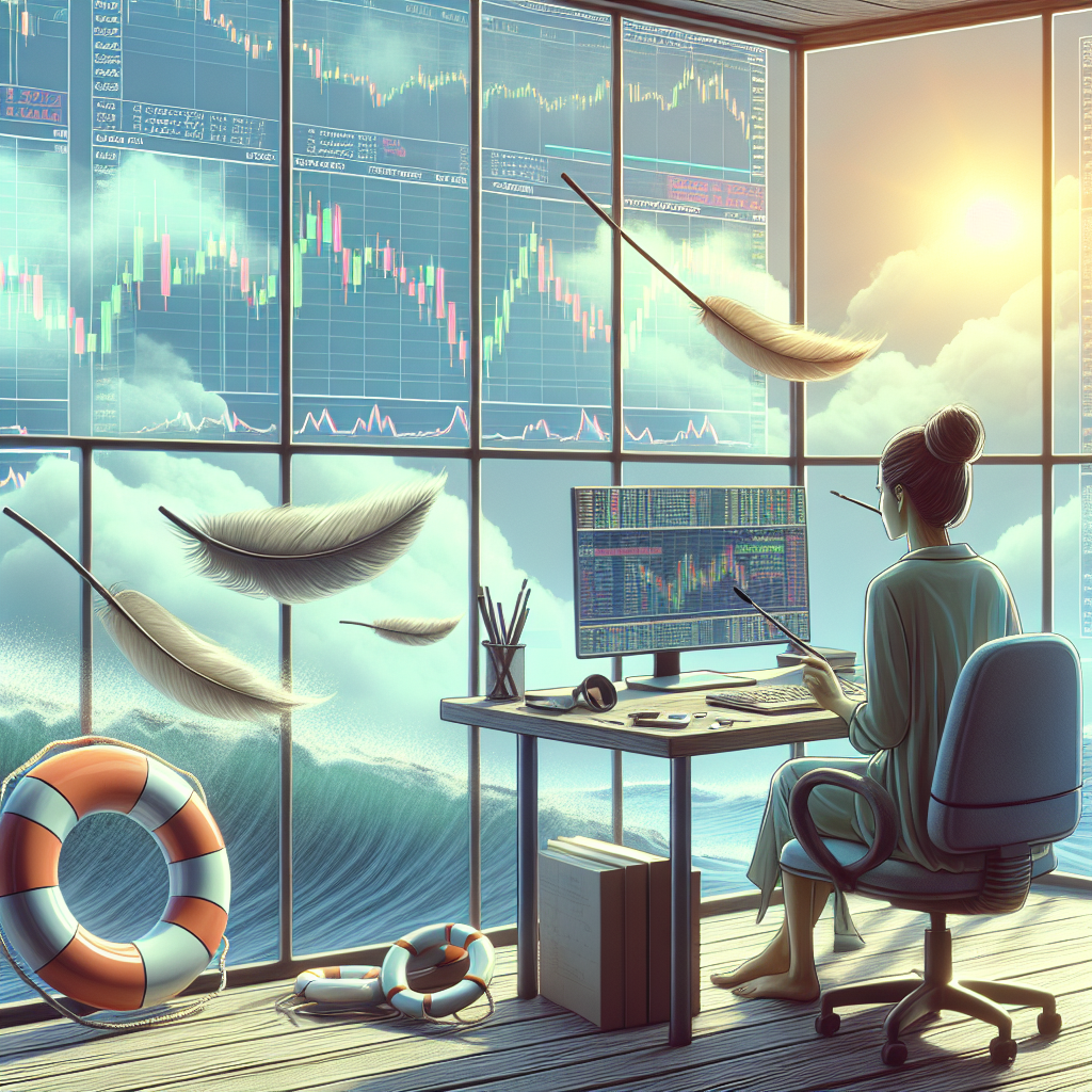 A serene illustration depicting a trader at a workstation, surrounded by charts showing fluctuations, with elements representing risk management such as a lifebuoy, a calming breeze, and soft muted colors.