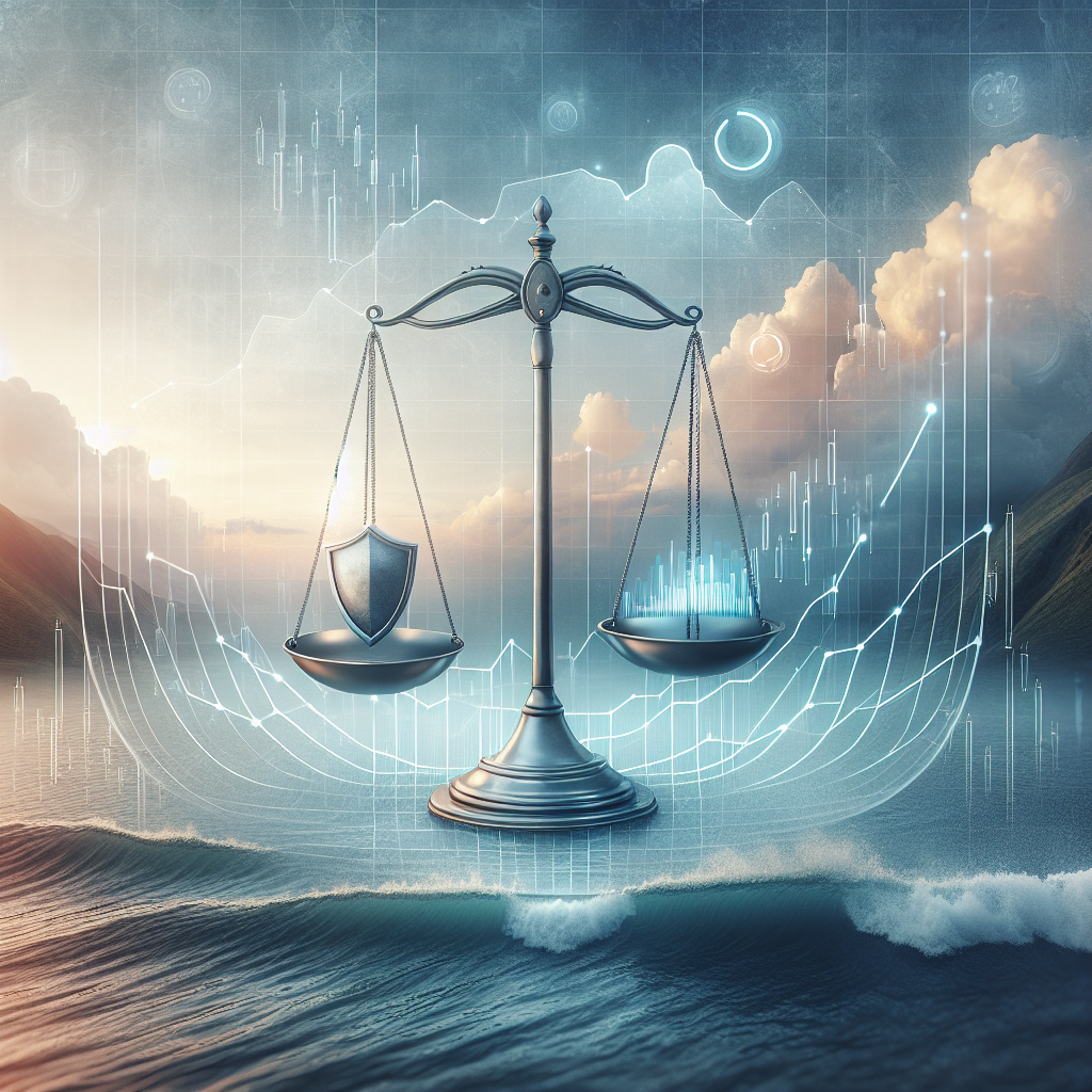 A serene illustration depicting a tranquil forex trading environment with soft, muted colors, showcasing elements of risk management like a balancing scale, a shield, and charts, all set against a calm background of gentle waves and clouds.