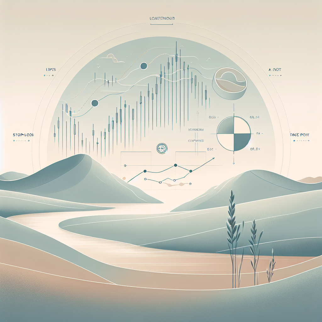 A calming illustration depicting the concepts of stop-loss and take-profit strategies in trading, featuring soft, muted colors and risk-management visuals.