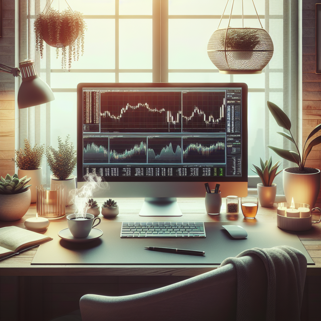 A serene illustration depicting a trader's desk with a computer displaying stop-loss and take-profit order settings, surrounded by calming elements like plants and soft light, all in muted colors.