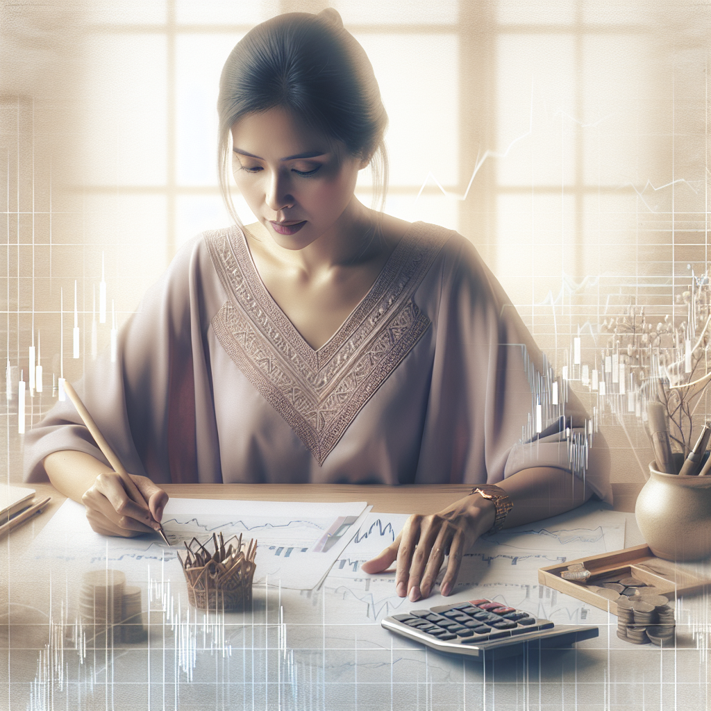 A serene illustration depicting a trader carefully calculating position size, surrounded by soft, muted colors, with visual elements representing risk management strategies such as graphs, charts, and measuring tools.