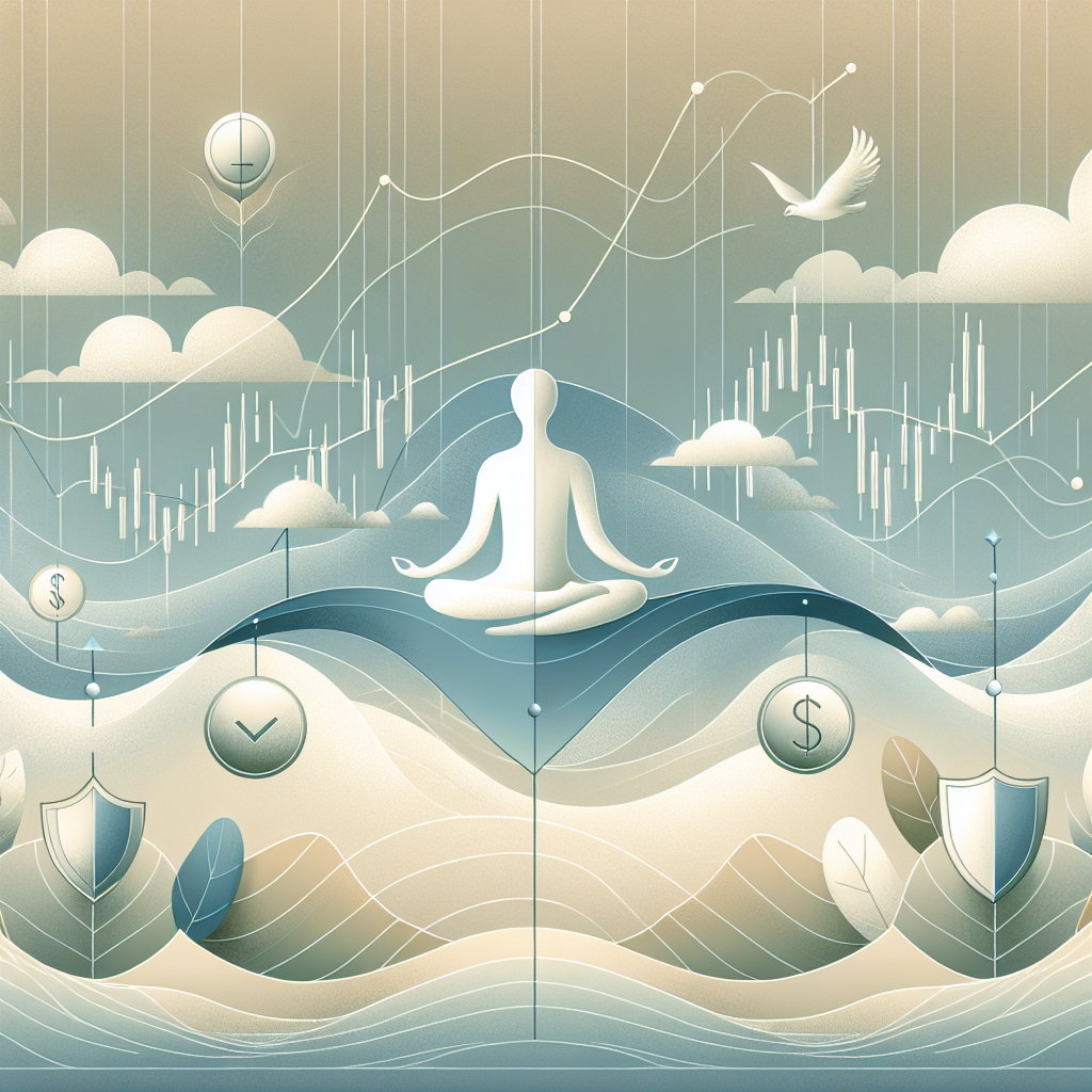 A serene illustration depicting a financial tutorial, showcasing visual elements related to stop-loss and take-profit strategies. The scene features soft, muted colors with calming graphics like upward and downward arrows, shields, and price charts in a harmonious design.