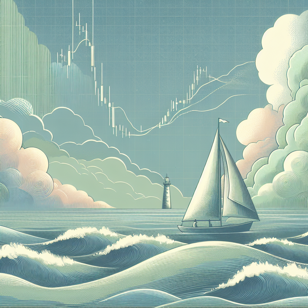 A serene illustration symbolizing risk management in Forex trading, featuring a gently rolling sea with soft waves, a small sailboat navigating through the waters, surrounded by muted pastel colors. Soft clouds loom overhead, and faint graphs can be seen etched in the sky, while a lighthouse stands in the distance, symbolizing guidance and stability in uncertain markets.