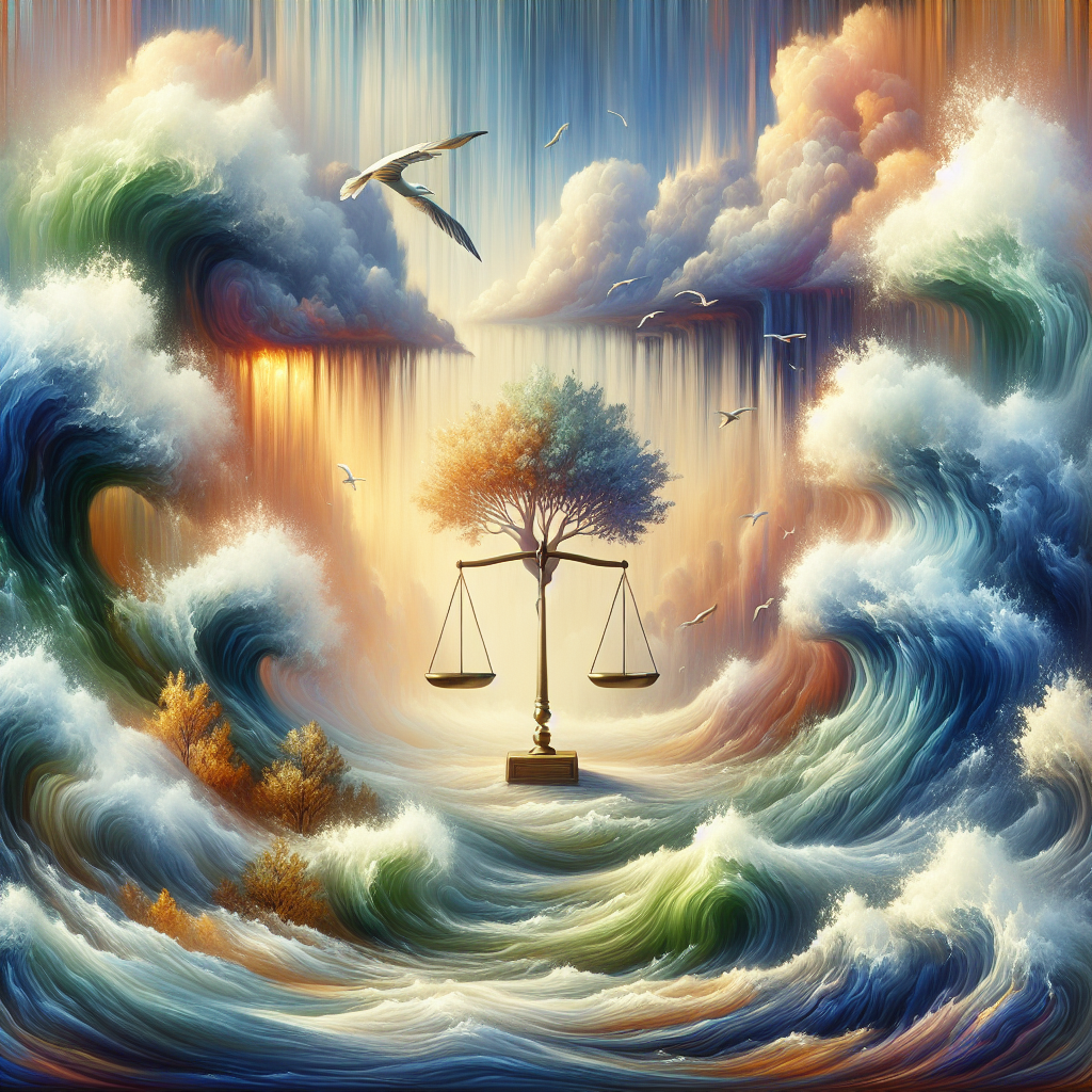A serene illustration depicting the concepts of capital preservation strategies in the Forex market, featuring a balanced symbol of financial stability in a volatile environment, complemented by soft, muted colors and calming elements like gentle waves and warming sunlight.