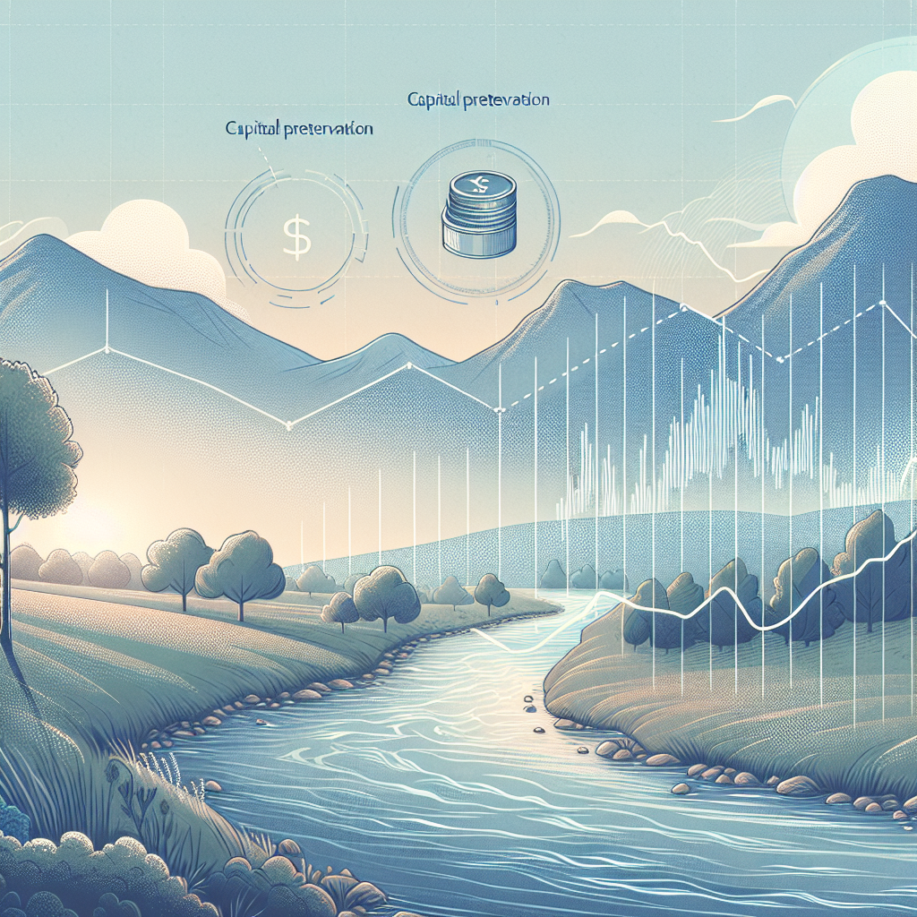 A serene illustration depicting the calm atmosphere of risk management in forex trading, featuring elements such as a tranquil landscape with soft mountains, gentle waves symbolizing currency fluctuations, and delicate graphs showing capital preservation strategies, all in soft, muted colors.