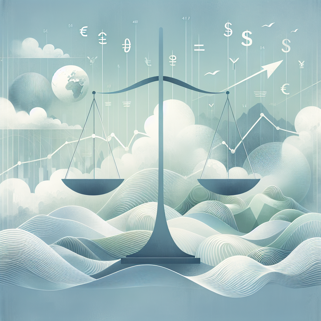 An illustration depicting the concept of risk/reward ratios in Forex trading, featuring a balanced scale with currency symbols on one side and a graph showing rising trends on the other, surrounded by soft, muted colors and a serene background.