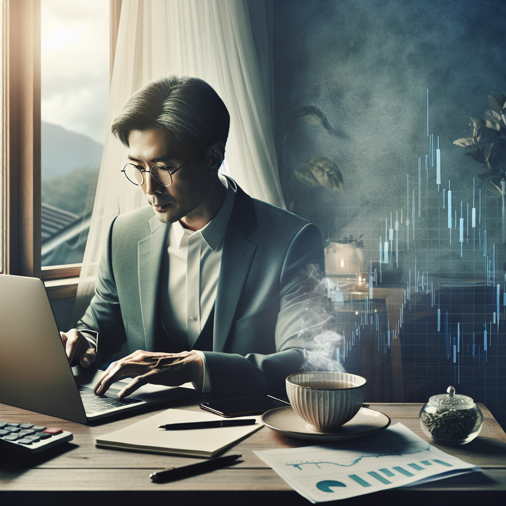 A serene and contemplative scene depicting a trader reviewing charts in a calm environment, embodying the theme of cautiousness in Forex trading, with soft colors and risk management elements.