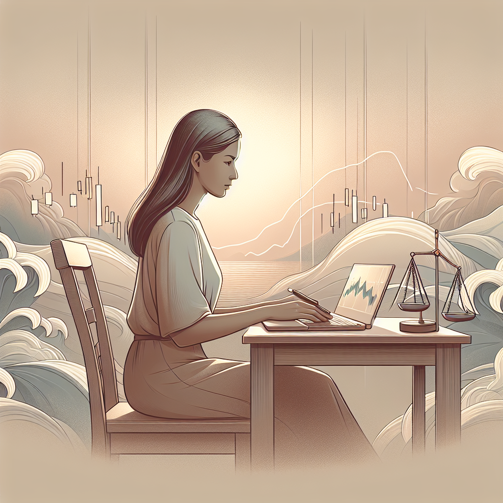 A serene illustration depicting a forex trader contemplating market risks, surrounded by calming elements like soft clouds and gentle waves, symbolizing a balanced mindset in trading.