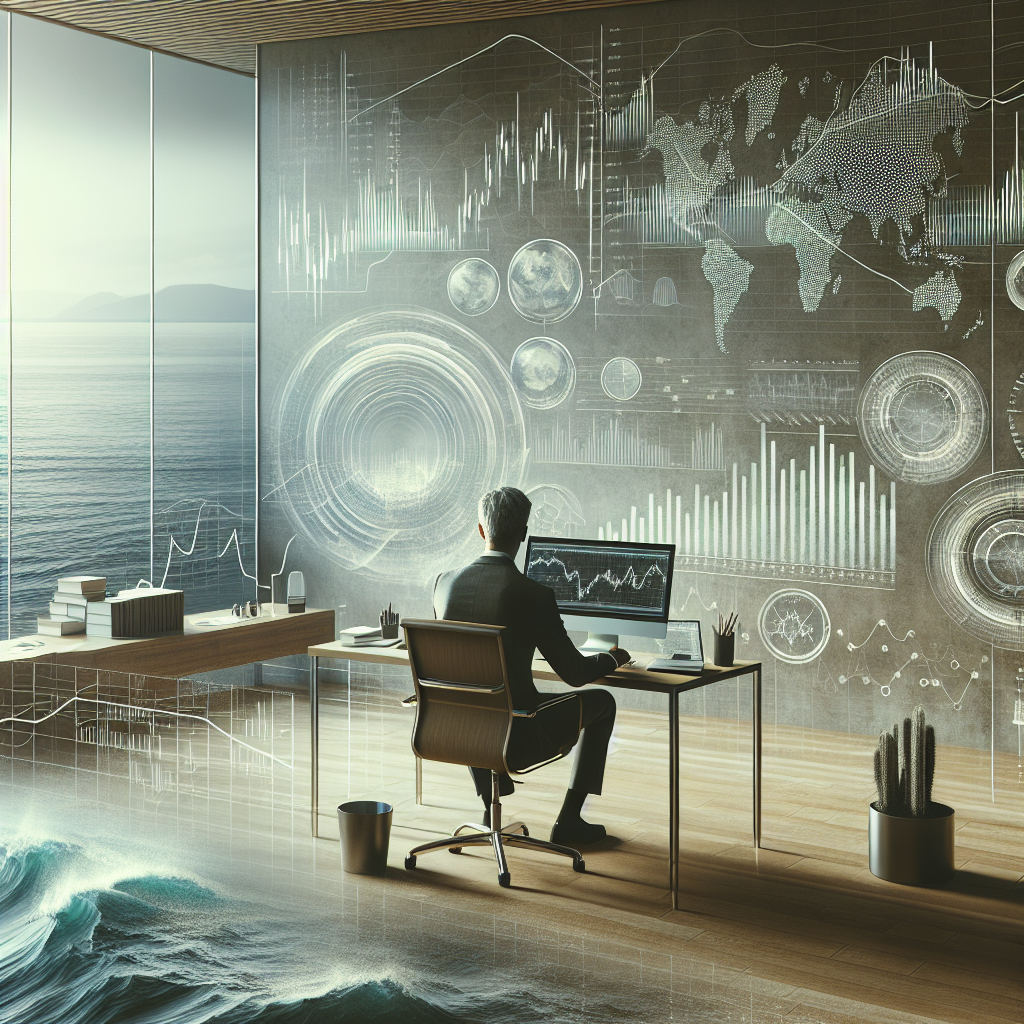 An illustration depicting a serene trading environment with calming colors, showcasing graphs, a gentle ocean wave motif, a trader analyzing data, and symbols of volatility management in forex trading.