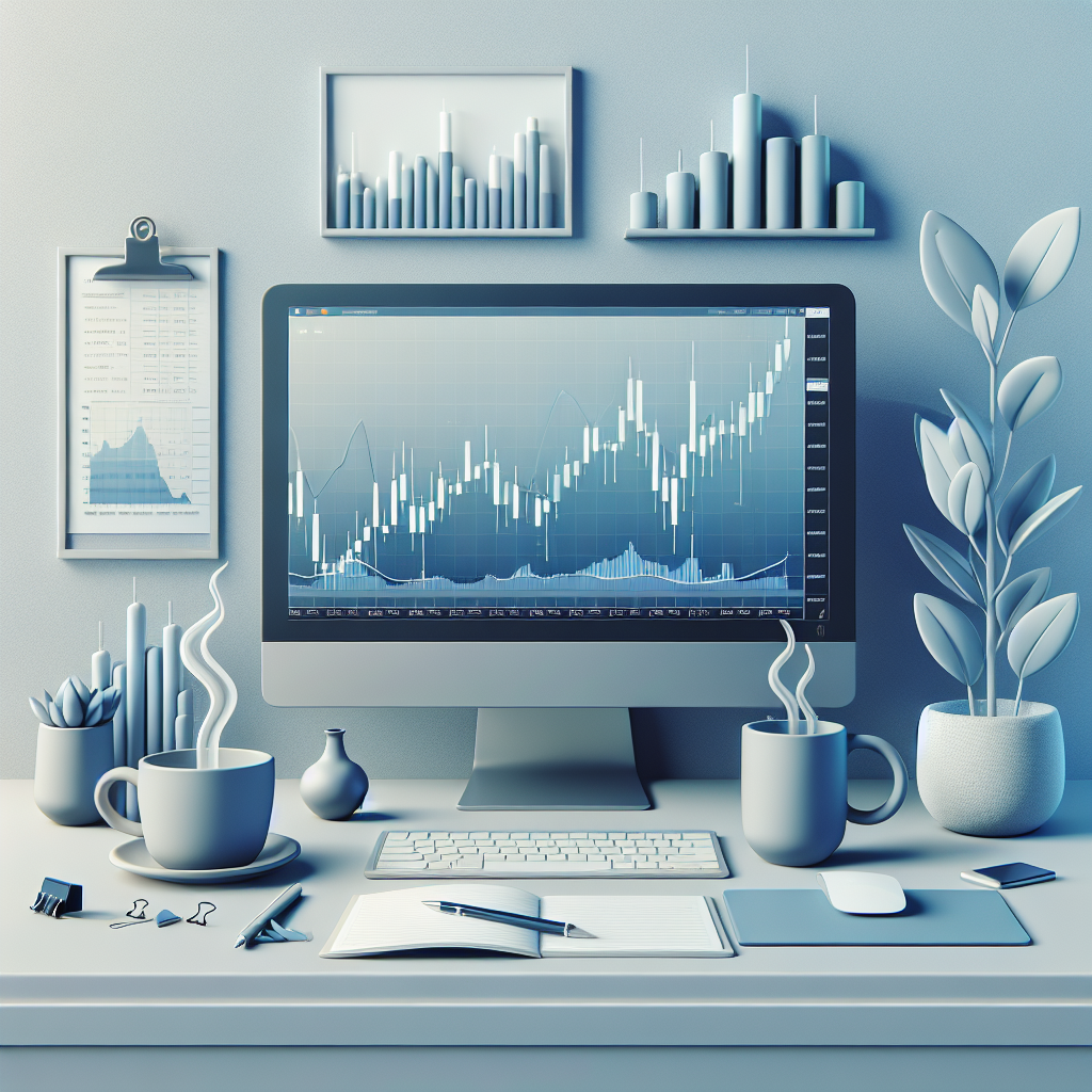 A serene forex trading scene displaying a calm workspace with charts indicating volatility filters, soft muted colors, and elements of risk management.